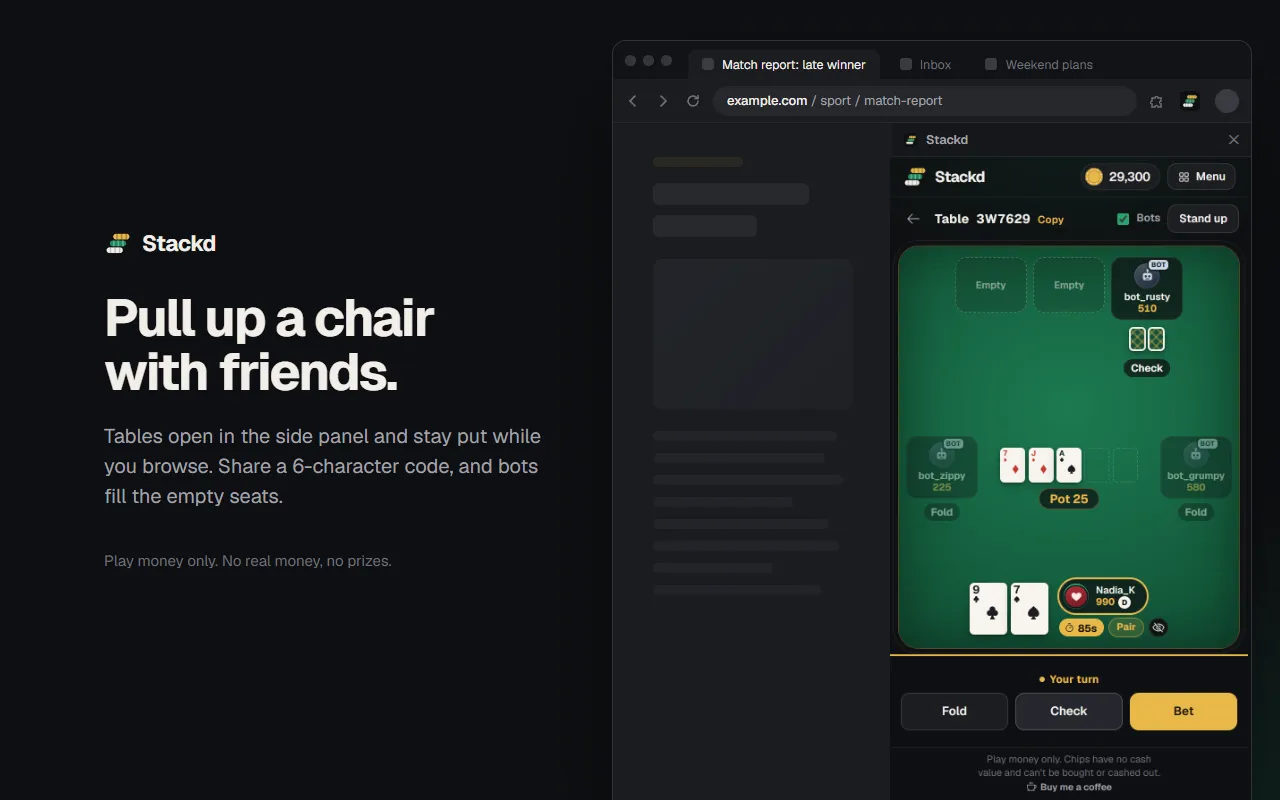 A Stackd poker table in Chrome's side panel, next to a web page