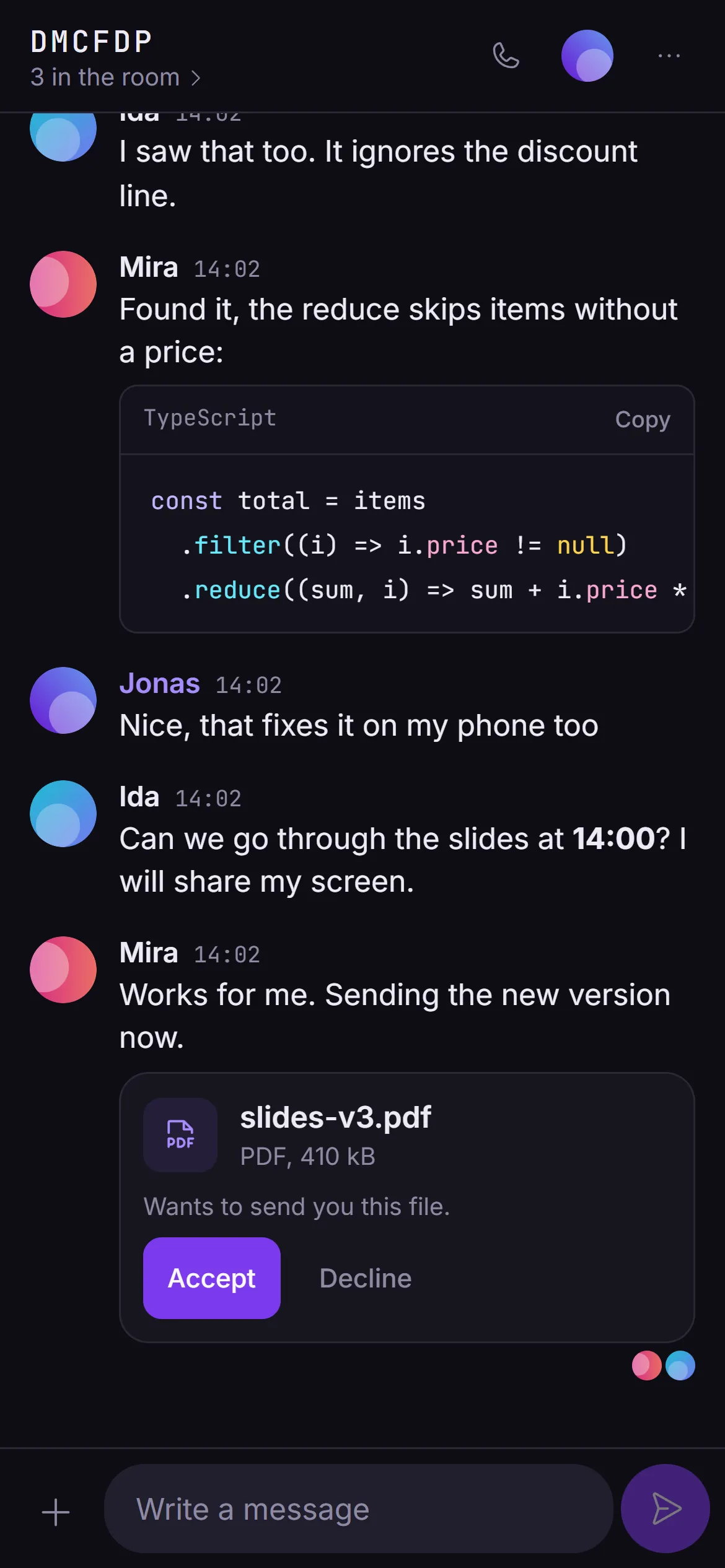 On a phone: one bar like a messaging app, and the file waits for Accept.