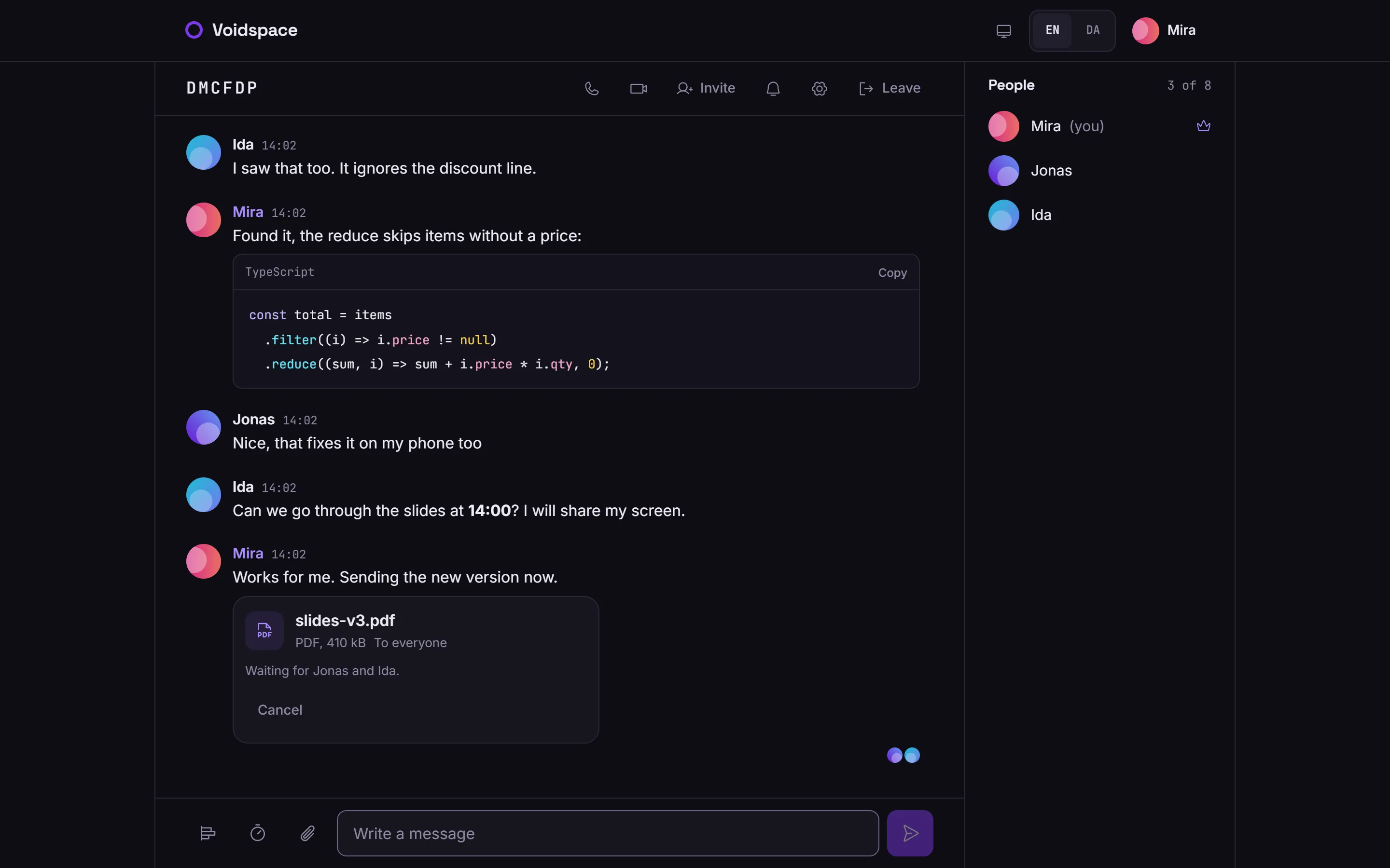 A Voidspace room with a code block and a shared file