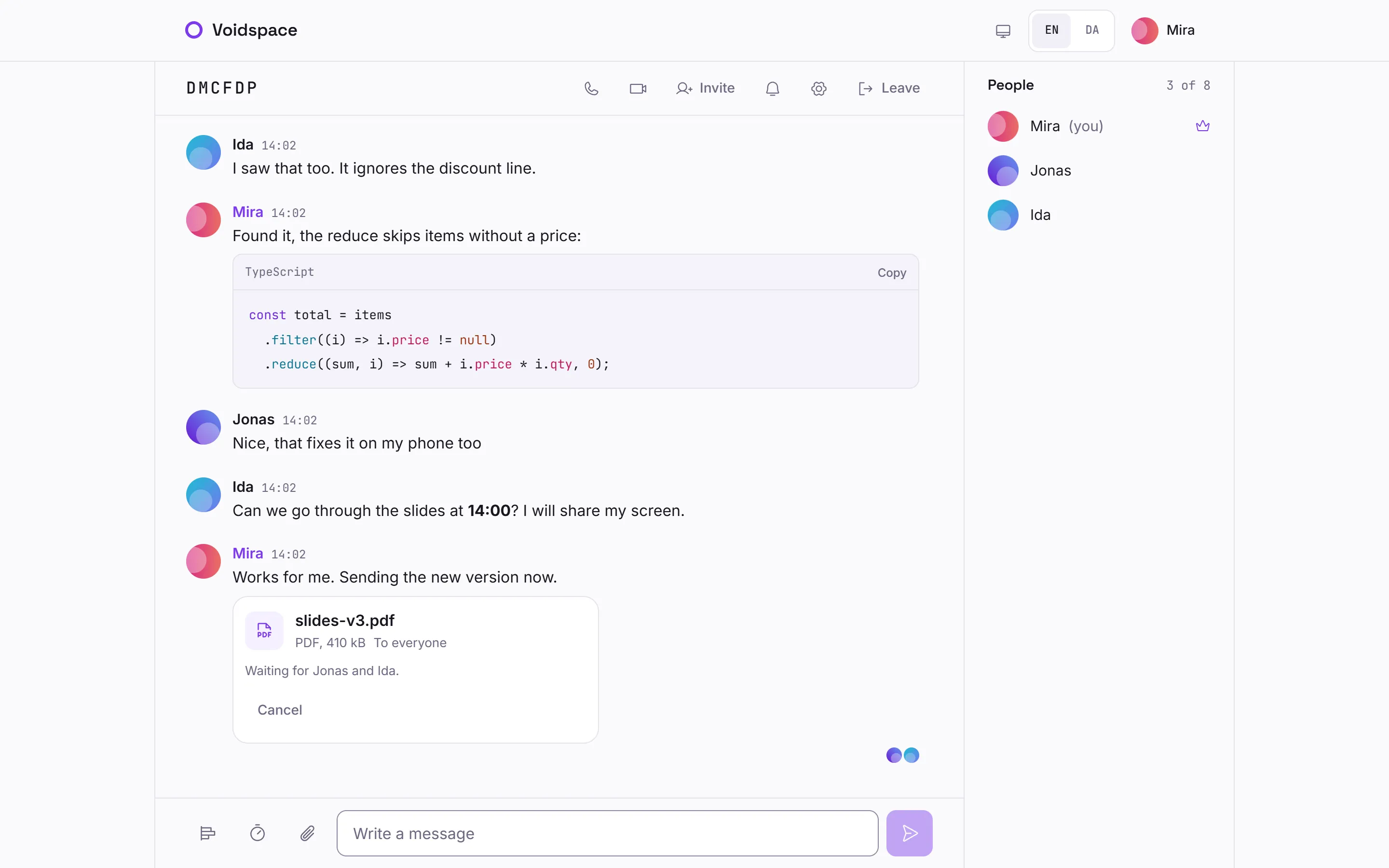 A Voidspace room: three people fix a bug together, with a code block and a shared PDF
